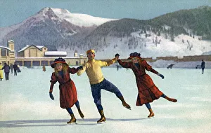 A Jolly Trio of Swiss Ice Skaters enjoying a spin on the rink. Date: 1908 A Jolly Trio of Swiss Ice Skaters enjoying a spin on the rink. Date: 1908