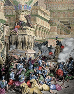 Jonathan Destroys the Temple of Dago. Colored engraving Jonathan Destroys the Temple of Dago. Colored engraving