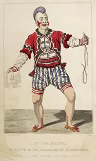 Prints of JOSEPH GRIMALDI 1778 - 1837 As a clown in the pantomime of Mother Goose. Sir, I ll just trouble you with a line Waterfowl Prints: Print of Joseph Grimaldi as Clown in Mother Goose Pantomime
