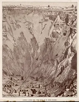 Prints of The open-cast diamond mine at Kimberley, South Africa : the buildings at the top give an idea of the immense scale of the workings Mining Scale Prints: Kimberley Diamond Mine Open-Cast Print