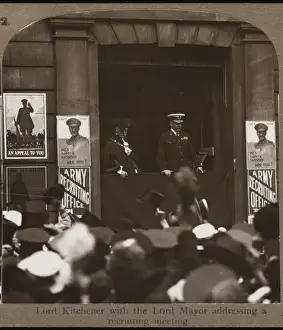 Print of Lord Kitchener addressing recruits outside a recruitment office