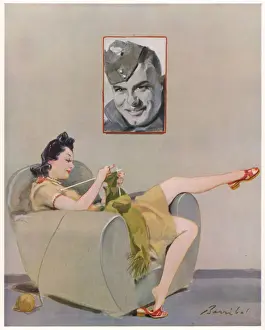 Wartime Woman Knitting Print