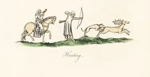 Ladies hunting a stag with bow and arrow, 14th century Ladies hunting a stag with bow and arrow, 14th century