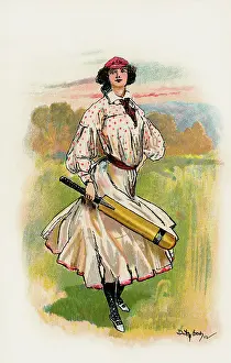 Prints of A strapping young woman wielding a bat when organised ladies cricket was still in its infancy. Artist: Dudley Hardy Date: 1902 Dudley Hardy Prints: Early Ladies Cricket Print, 1902