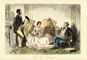 Lady in crinoline dress with two gentlemen callers Lady in crinoline dress with two gentlemen callers