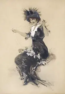 Elegantly Dressed Lady Prints: Lady playing with a long string of pearls