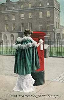 Prints of A lady goes out in her evening dress and cloak to post a letter in a London street Victorian Fashion Trend Prints: Lady Posts Letter Print 1906