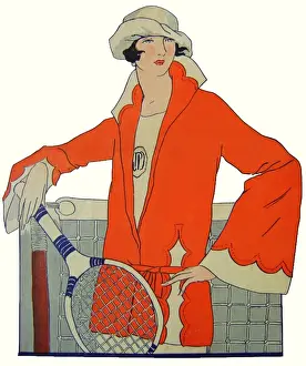 Prints of Lady tennis player in red blazer. Artist: Anon. Art deco style image of lady tennis player posing at the net Date: circa 1924 Embrace The Elegance: Art Deco Poster Art Collection: Art Deco Tennis Player Print, circa 1924