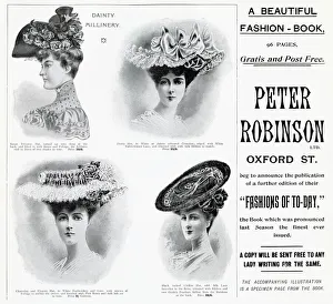 Latest fashions of elegant women's hats, advertised in Peter Robinson Latest fashions of elegant women's hats, advertised in Peter Robinson