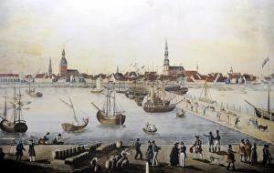 Latvia. Riga. Port. 18th Century. Colored engraving Latvia. Riga. Port. 18th Century. Colored engraving