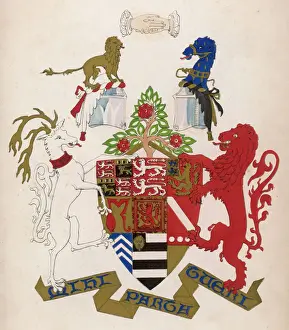 Prints of An elaborate coat of arms for the Stigleman Le Strange family of Hunstanton, Norfolk, UK Norfolk Prints: Le Strange Coat of Arms Print