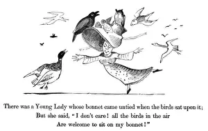 Prints of There was a Young Lady whose bonnet, Came untied when the birds sat upon it; But she said, I don t care! All the birds in the air, Are welcome to sit on my bonnet Edward Lear Prints: Print of a Young Lady with Birds on Her Bonnet