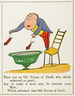 Prints of There was an Old Person of Ewell, who chiefly subsisted on gruel; But to make it more nice, he inserted some mice, which refreshed that Old Person of Ewell Edward Lear Prints: Edward Lear's Ewell Print: A Nonsense Rhyme Illustration