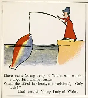 Print of a Young Lady of Wales catching a large fish without scales