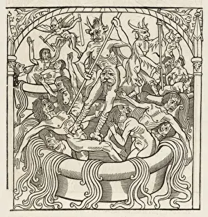 Lechery Punished Print: Devils Torment Lechers in the Shepherds Calendar