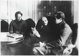 Russian Leader Prints: 1920 Print of Lenin with Krupskaia and Lincoln