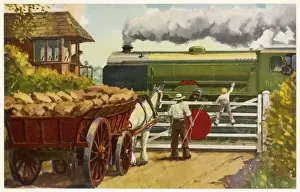 Vintage Railway Scene Prints: At a Level Crossing