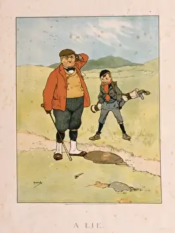 Prints of A puzzled and perplexed golfer is confounded by the lie of his ball at an awkward angle upon a rock on the green John Hassall Prints: A Puzzled Golfer on the Green, Print by John Hassall