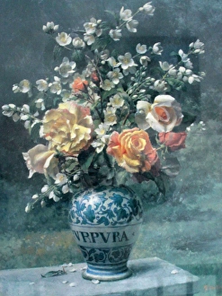 Still life of pink roses by Fortunino Matania Still life of pink roses by Fortunino Matania