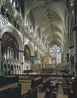 Prints of Lincoln Cathedral. 1192-1549. UNITED KINGDOM. ENGLAND. Lincoln. Cathedral. Center nave from the choir. Gothic art. Architecture Lincoln Prints: Lincoln Cathedral Print - Gothic Architecture