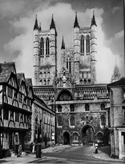 Prints of Lincoln Cathedral, Lincoln, Lincolnshire, England, first founded by the Norman Bishop Remigius in 1086. Date: 1940s Lincoln Prints: Lincoln Cathedral Print, 1940s