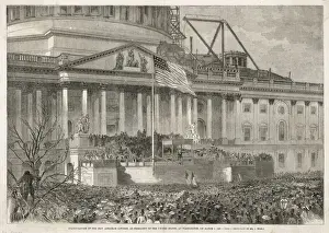 Prints of Inauguration of Abraham Lincoln as President of the United States at Washington, in front of the partly completed Capitol building Abraham Lincoln Prints: Lincoln Inauguration Print - 1861 Washington D.C. Scene