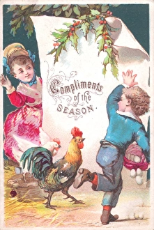 Little girl and boy with hens on a Christmas card Little girl and boy with hens on a Christmas card