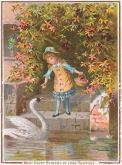 Little girl with swan on a birthday card Little girl with swan on a birthday card