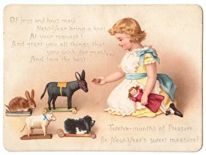 Little girl with her toys on a New Year card Little girl with her toys on a New Year card