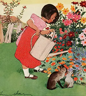 Little girl watering flowers by Muriel Dawson Little girl watering flowers by Muriel Dawson
