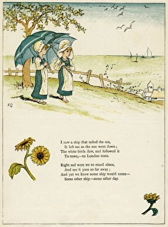 Two little girls with parasols, looking out to sea Two little girls with parasols, looking out to sea