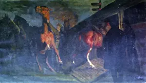 WW1 Horses Loaded onto Train at Night Print, circa 1915