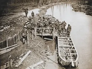 British Army Western Front Prints: Loading pontoon boats with ammunition, Western Front, WW1