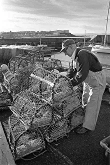 Lobster fisherman with pots on the harbour at Portstewart, N Lobster fisherman with pots on the harbour at Portstewart, N
