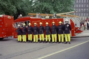 Prints of Firefighters on parade in front of their appliance during a visit by Queen Elizabeth II to the Headquarters of the London Fire Brigade, Lambeth Event Prints: London Fire Brigade Parade Print: Queen Elizabeth II Visit