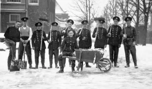 Prints of The early winters of the Second World War were snowy with numerous falls of one or two feet and occasional falls (such as in 1940-1941) in which snow depths of up to 16 feet (drifts) were recorded Weather Prints: Wartime Firefighters Clearing Snow, London Print 1940s