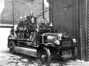 Prints of LCC-London Fire Brigade, Dennis motorised Hatfield fire engine with crew Fire Brigade Prints: Dennis Motorised Hatfield Fire Engine Print (London)