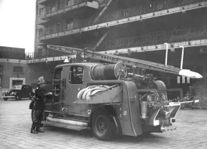 Prints of Pictured at Brigade Headquarters, Lambeth SE1, an example of an 1930 enclosed London pump with carried breathing apparatus Fire Brigade Prints: 1930 London Fire Brigade Enclosed Pump Print
