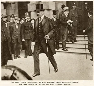 Lord Kitchener walking down steps alone of War Office. His first public appearance as Lord Kitchener walking down steps alone of War Office. His first public appearance as