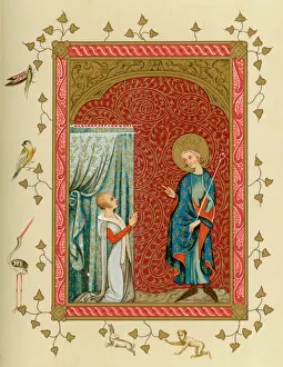 Prints of LOUIS IX AS SAINT being worshipped by Bonne de Luxembourg, who died in 1349 Luxembourg Prints: Louis IX Print, 15th-century engraving of a medieval king