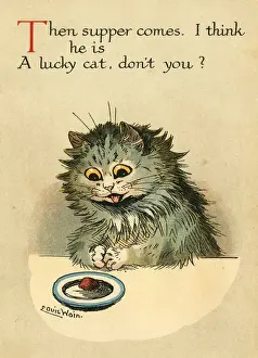 Louis Wain Print: Daddy Cat - Suppertime, circa 1910s