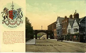 Prints of Lower Bridge Street and Bridge Gate, Chester, Cheshire, England. Date: 1910s Chester Prints: Lower Bridge Street & Bridge Gate, Chester Print, 1910s