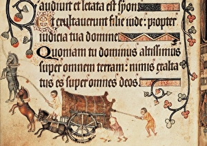 Luttrell Psalter. 14th c. Blocked cart pulled Luttrell Psalter. 14th c. Blocked cart pulled