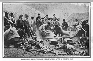 Prints of Macedonian revolutionaries have another go at throwing off Turkish rule : these rebels are breakfasting after a nights raid Macedonia Prints: Macedonian Rebels: A Night Raid Print
