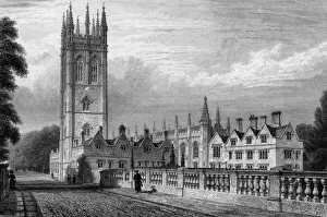 Prints of The classic view of Magdalen College and its tower, viewed from Magdalen Bridge which leads into the High Street. Date: circa 1830 Oxford Prints: Circa 1830 Print of Magdalen College, Oxford