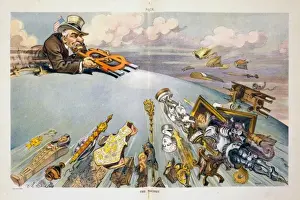 Prints of The magnet. Cartoon showing John Pierpont Morgan, with a large magnet in shape of money sign, drawing in paintings, suits of armor, and other objects. Date 1911 John Pierpont Prints: 'The Magnet' Print, 1911: A Cartoon by John Morgan
