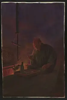 Traditional Japanese Prints: Man drinking sake before the hearth