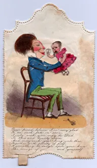 Man holding a baby on a comic congratulations card Man holding a baby on a comic congratulations card