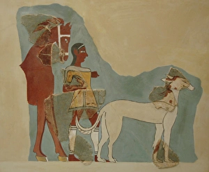 Man standing holding the reins of a horse with a dog before Man standing holding the reins of a horse with a dog before