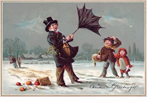 Man with umbrella in the snow on a Christmas card Man with umbrella in the snow on a Christmas card